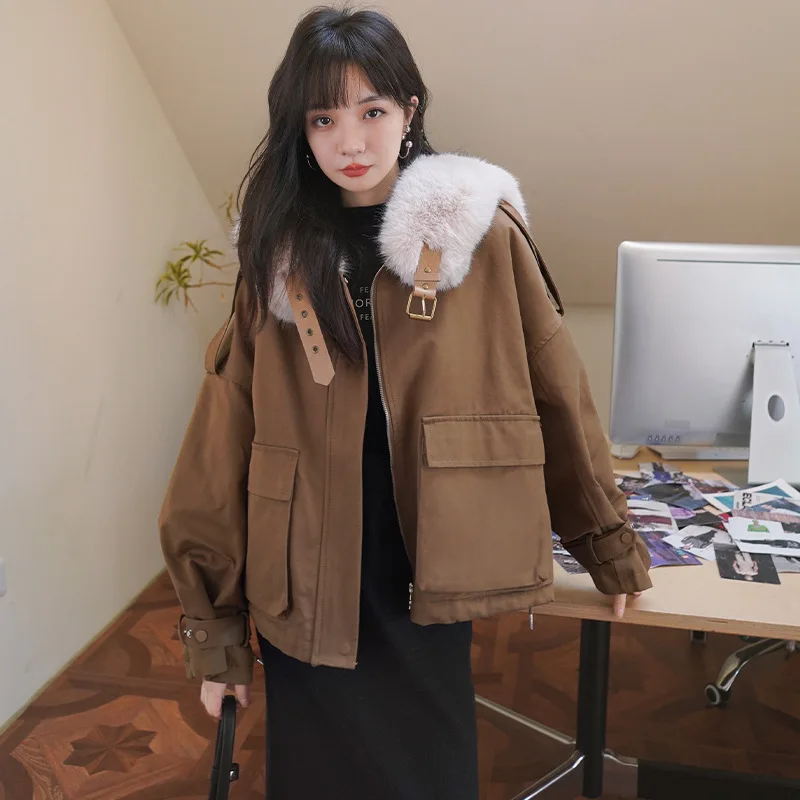 

Korean Style Thickened Warm Parka Cotton Jacket Women's Winter New Simple Loose Fit Fleece Lined Fur Collar Workwear Coat