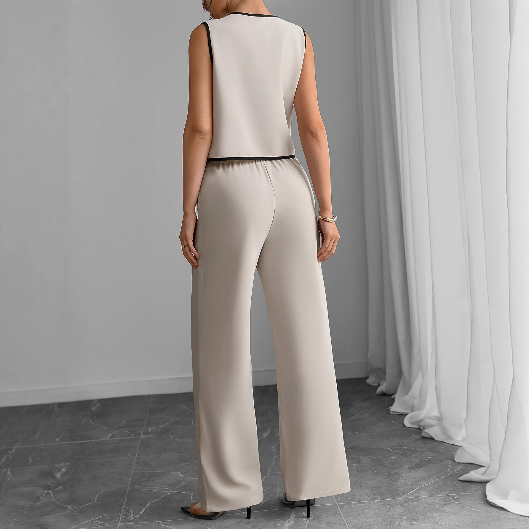 Cross-Border European American Two-Piece Women's Set: Tie-Up Cardigan, Color-Blocked Bow Shirt, And Wide-Leg Pants