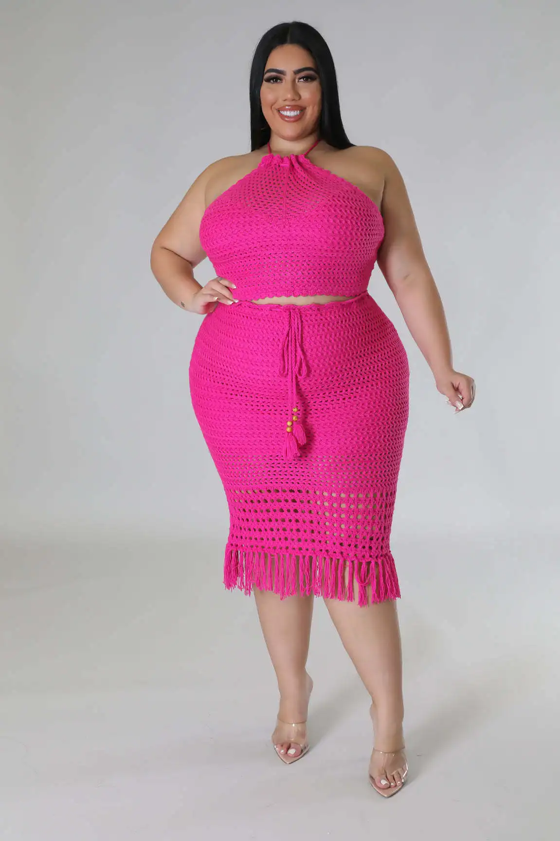 Plus Size Fashion Knitted Two Piece Skirt Set Halter Sleeveless Tassel Crop Top Long Skirt Women Clothing Beach Style Casual