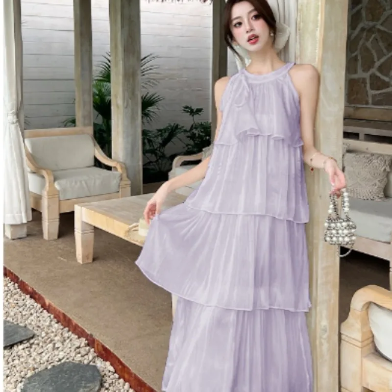 Vestido largo con cuello de temperamento francés para mujer, novedad de verano, vestido largo acampanado sin mangas con cuello redondo, vestido de vacaciones de Color sólido Fairycore