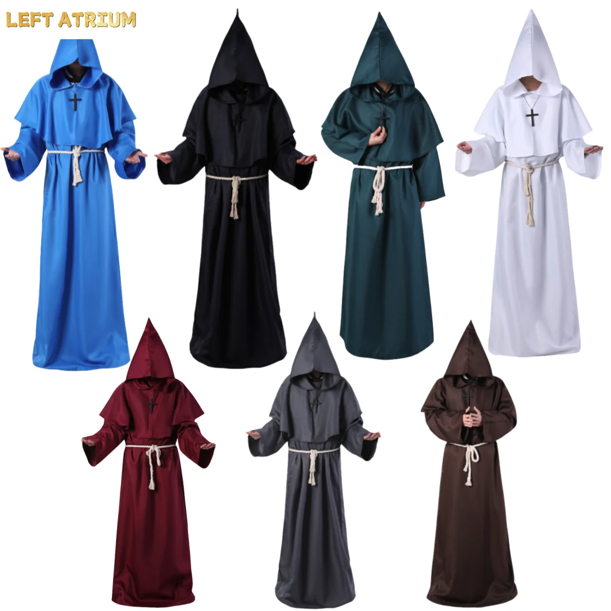

Middle Ages Cosplay Costume Christian Monk Friar Priest Hooded Robe Wizard Robes Shawl Necklace Adult Man Woman Halloween Suit