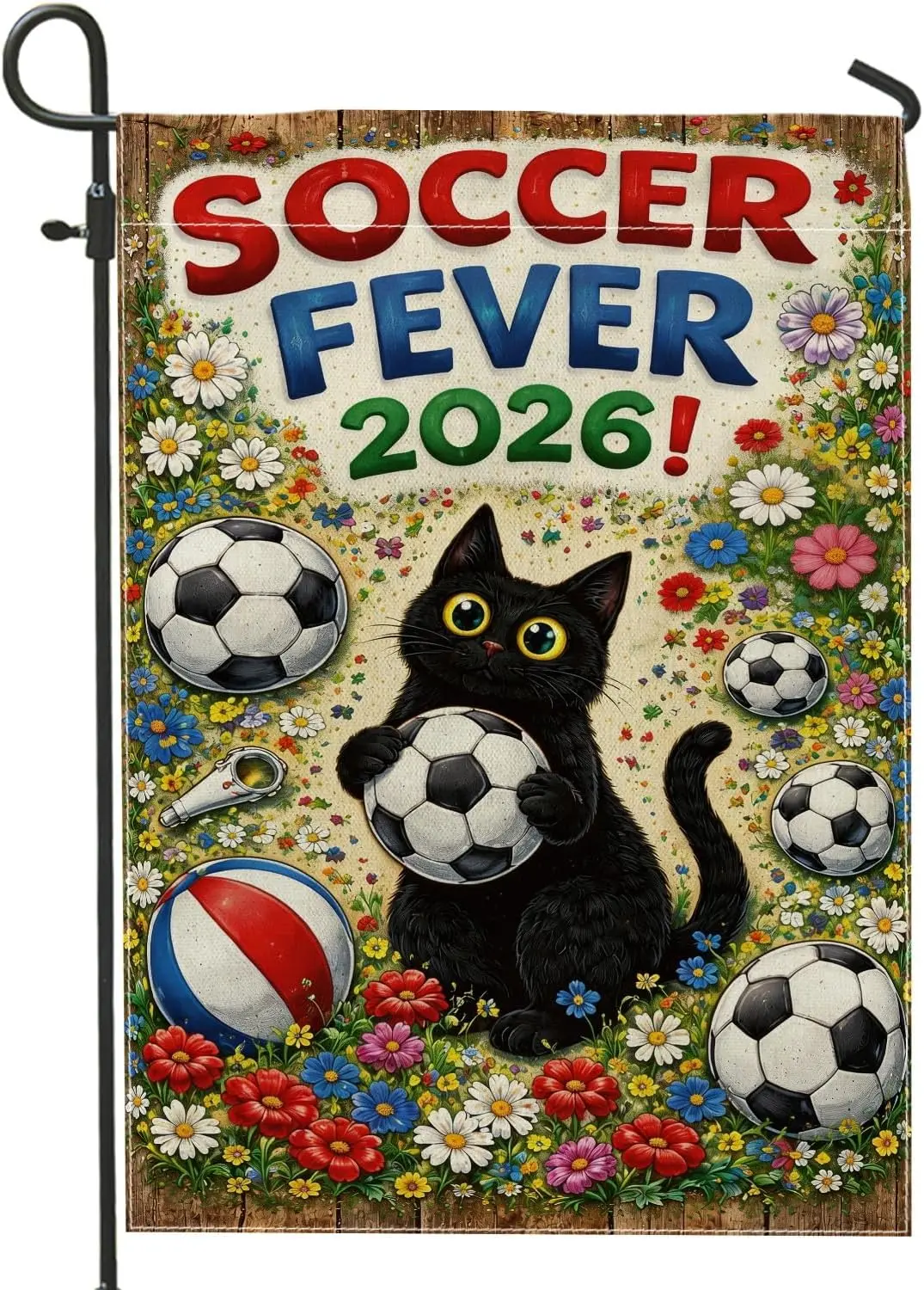 Cat Garden Flag, Playful Fanciful Soccer Ball Flowers Summer Black Double Sided Burlap Yard Decorative Flags for Outdoor Law yyi