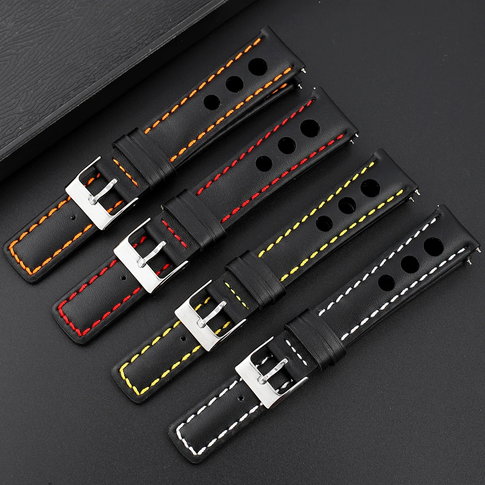 Onthelevel Watch Band 19mm 20mm 21mm 22mm Three Hole Square Tail Watch Strap Quick Release Black Wristband Steel Buckle