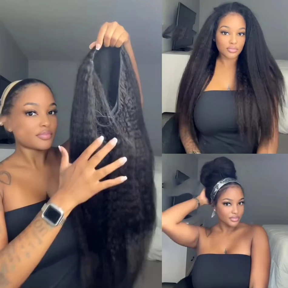 

Кудрявый прямой полупарик для женщин 3-в-1, бесшовные откидные человеческие волосы с повязкой на голову, плотный шнурок 250%, готовый к ношению