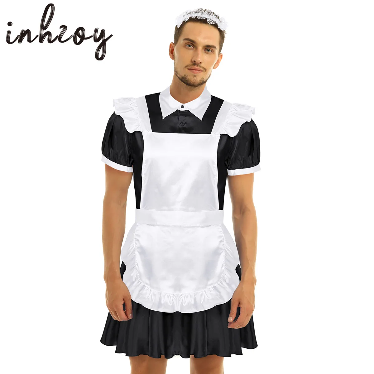 Men Sissy Maid Uniform Hot Sexy Cosplay Erotic Costume Puff Short Sleeves Male Gay Crossdressing Dress with Apron Headband Set