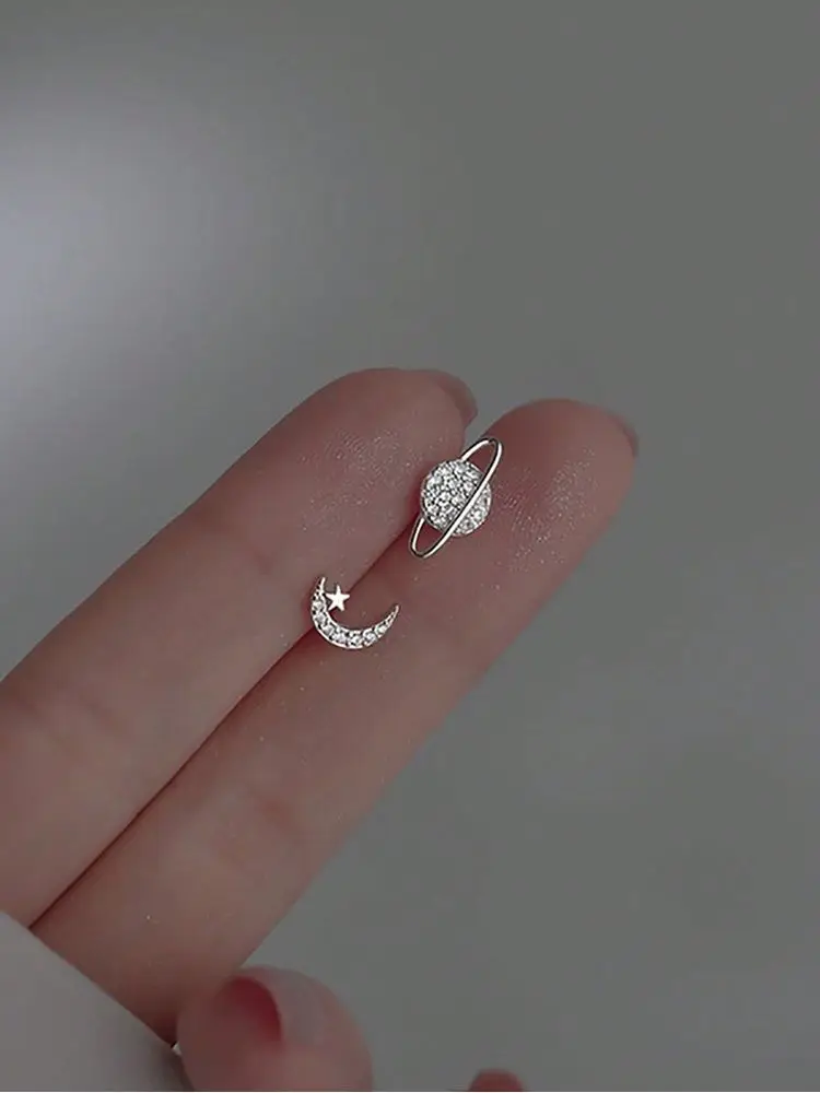 925 Sterling Silver Personalized Asymmetric Planet Moon Stud Earring For Women Engagement Wedding High Quality Fine Jewelry