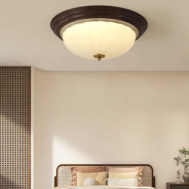 TechHPModern LED Ceiling Light Circular Retro Wood Grain Walnut Decorative Light Bedroom Corridor