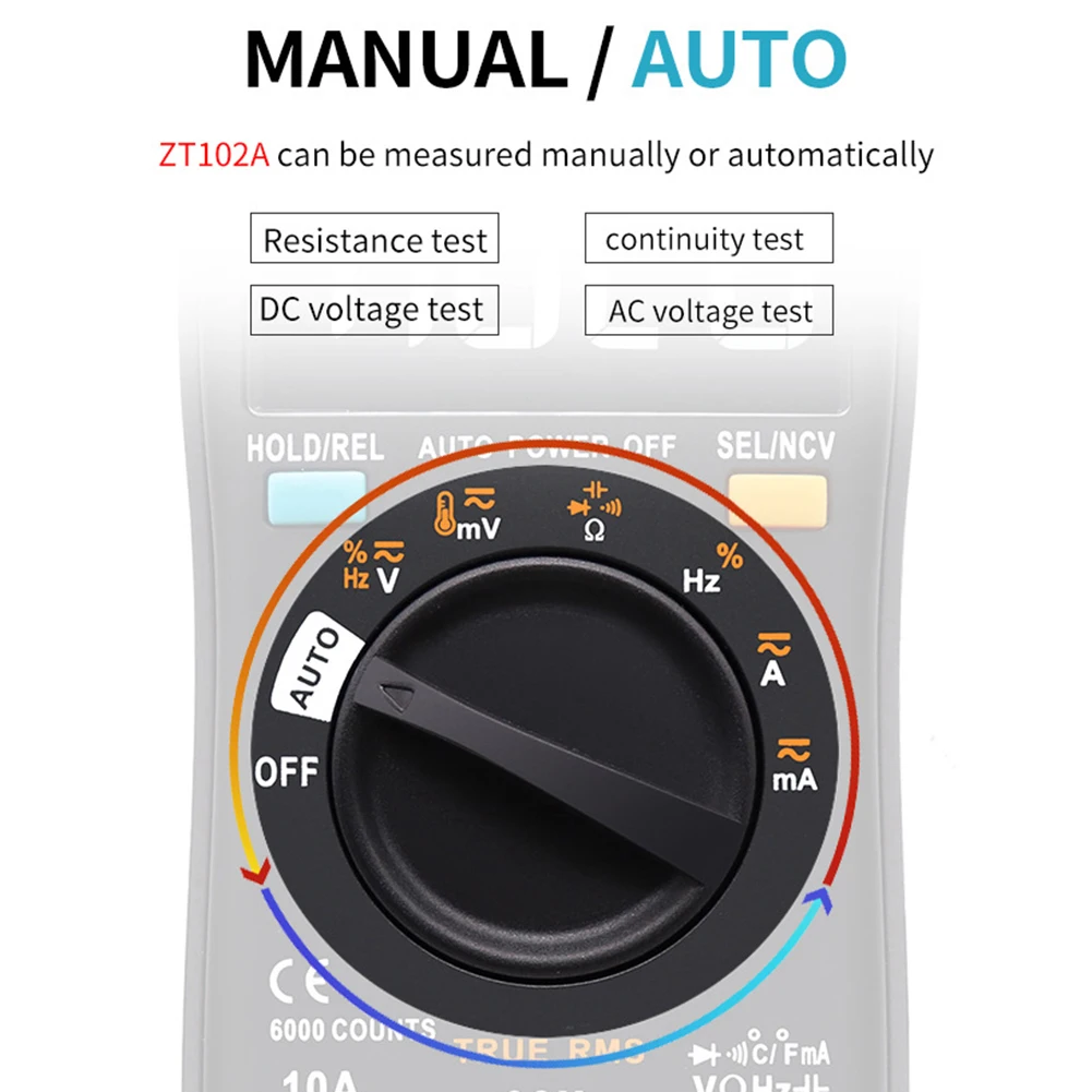 ZT102A Multimeter with Dual Mode Operation Manual and Auto Range for AC/DC Voltage Current Resistance Capacitance Frequency