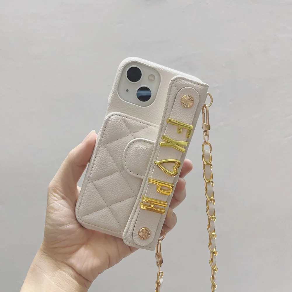 Shoulder Rope With Card Customized Metal Name Letter Personalized Initial Leather Phone Case For Iphone 14 13 12 15 Pro Max