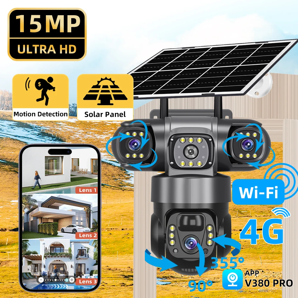 V380 Pro Solar 4G 3 Lens 3 Screen CCTV Camera Outdoor PTZ PIR Human Detection IP66 Waterproof Battery Security