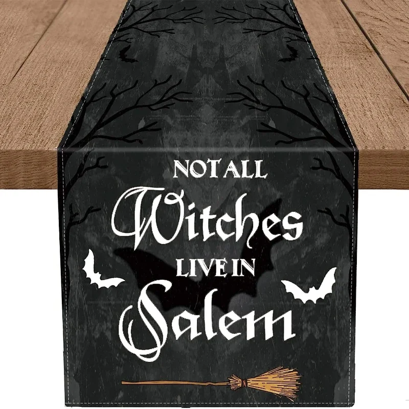 Halloween Bats Broom Not All Witches Live in Salem Holiday Runners Farmhouse Restaurant  Home Kitchen Interiors