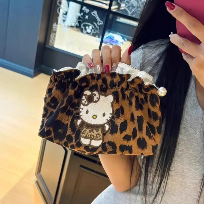 Sanrio Hello Kitty Lotus Edge Luipaardprint Rits Make-up Tas Make-up Borstel Cosmetica Opslag Uitgaan Draagbare Toilettas Cadeau