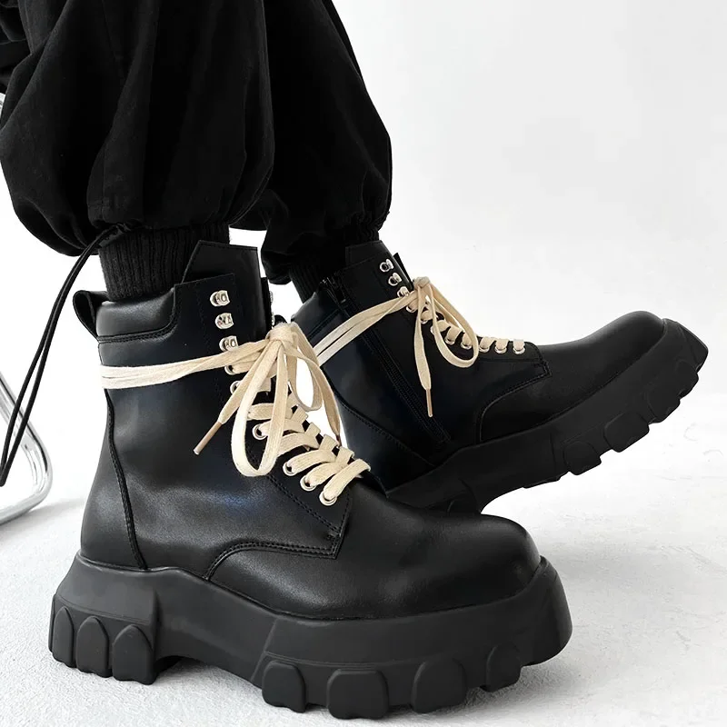 Luxury Brand Design Chunky High Top Boot for Men Fashion Short Motorcycle Boots Platform Lace Up Men Leather Sneakers