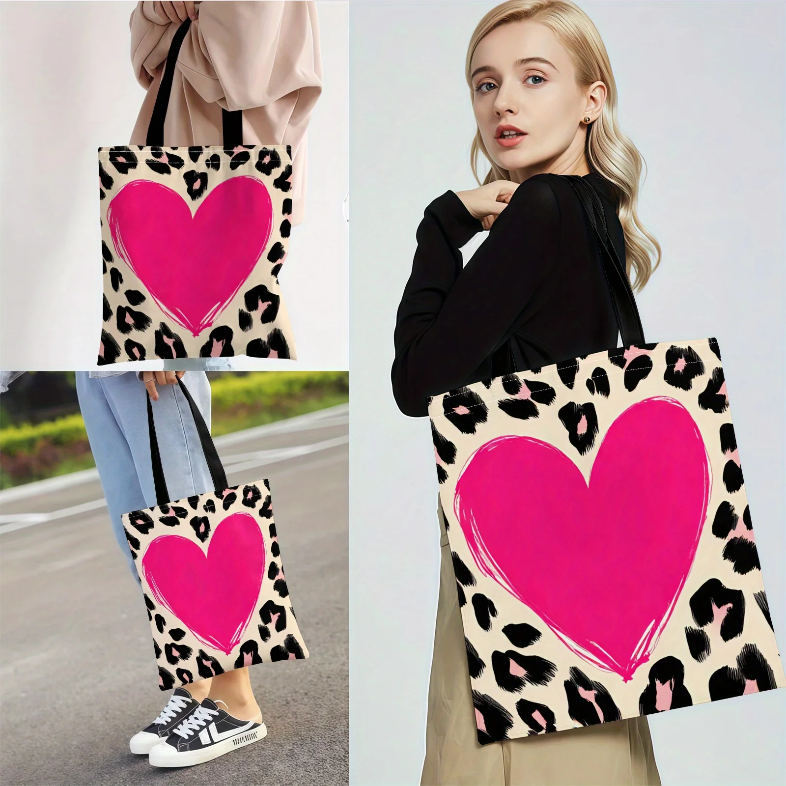Women'S Fashion Heart Leopard Print Double-Sided Printed Shopping Bags Large-Capacity Shoulder Bag for Daily Travel Ladies Bag