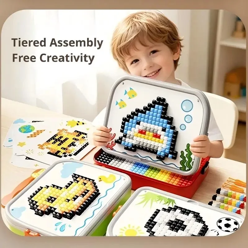 キッズピクセルモザイクパズルおもちゃセット、豊かなテーマカード付きdiy手作り教育玩具、創造的なstem知能開発