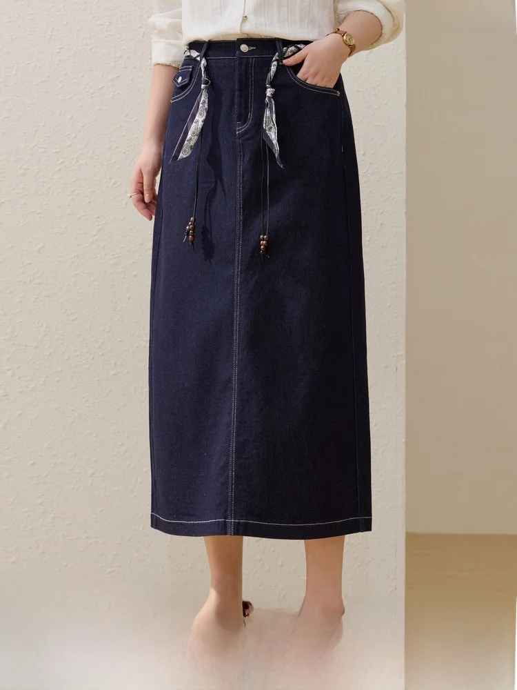 

Deep Blue A-Line Straight Leg Denim Skirt for plus Size Women Retro Sle Spring Faion Midi Skirt Polyester Fiber