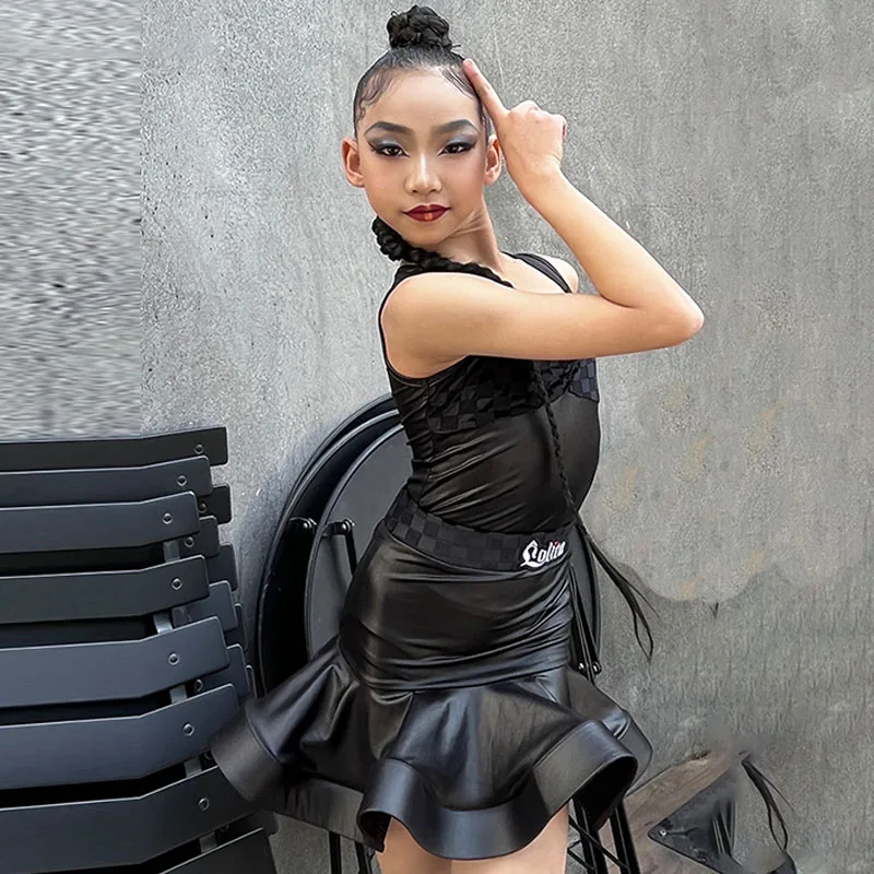 

New Latin Dance Costume Girls Ballroom Dance Dresses Children Modern Dance Black Cortex Suit Stage Practice Dancing Wear XH31