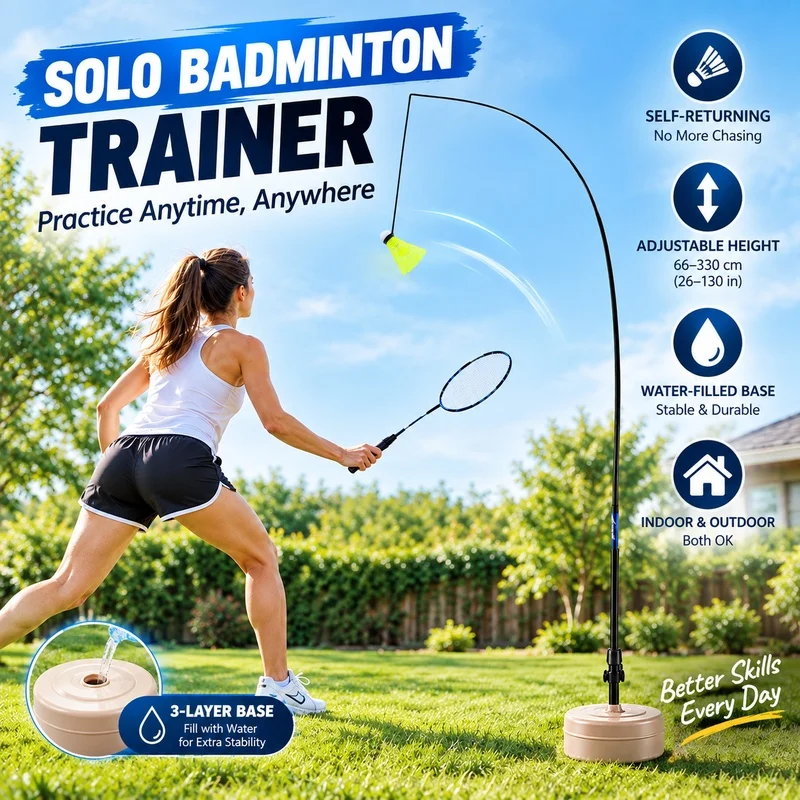 Solo Badminton Trainer Self-Returning Shuttlecock Elastic Pole Water Base Practice Set for Kids Adults Indoor Outdoor