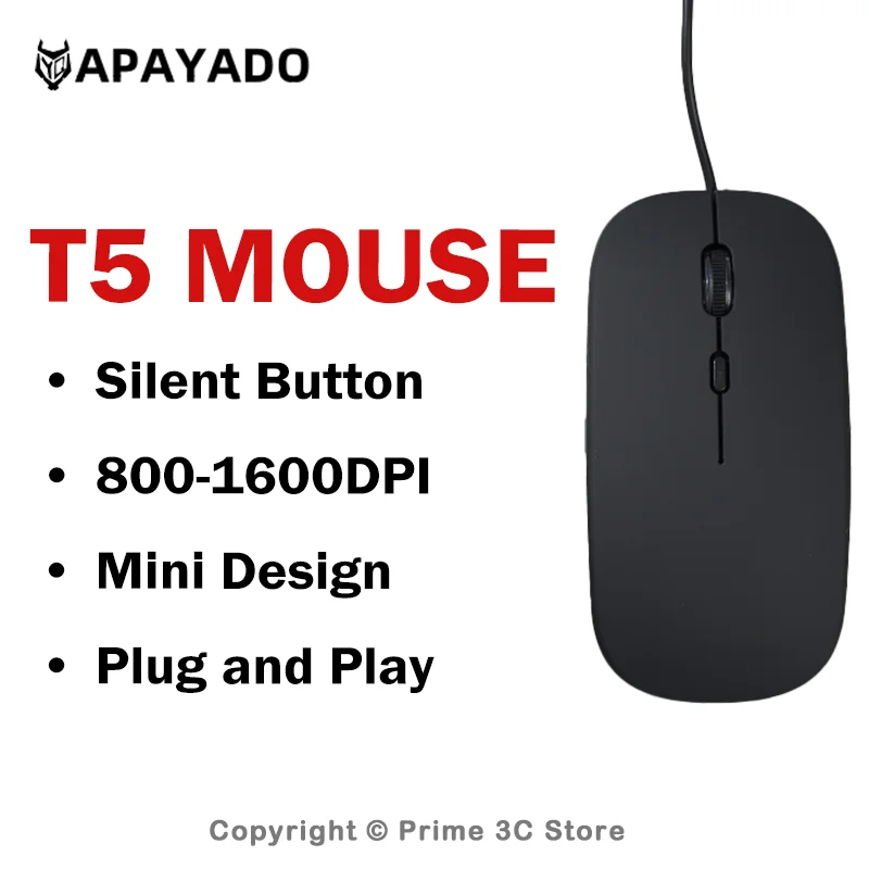 APAYADO T5 USB Wired Office Mouse Silent Mini Computer Mouse 3 DPI Settings 800 1200 1600 Plug and Play for Laptop Desktop PC