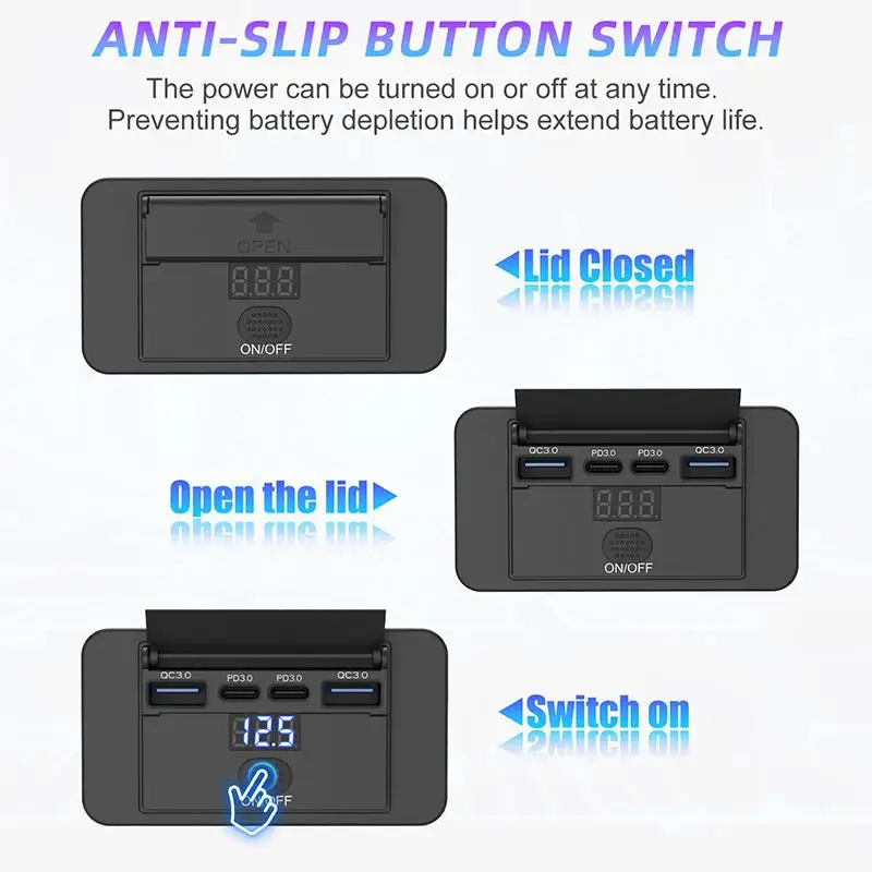 

102W Upgraded 4 Port 12V USB Outlet Dual QC3.0 Dual PD3.0 Type-C Wall Mount Waterproof Charger Panel With LED Voltmeter & Switch