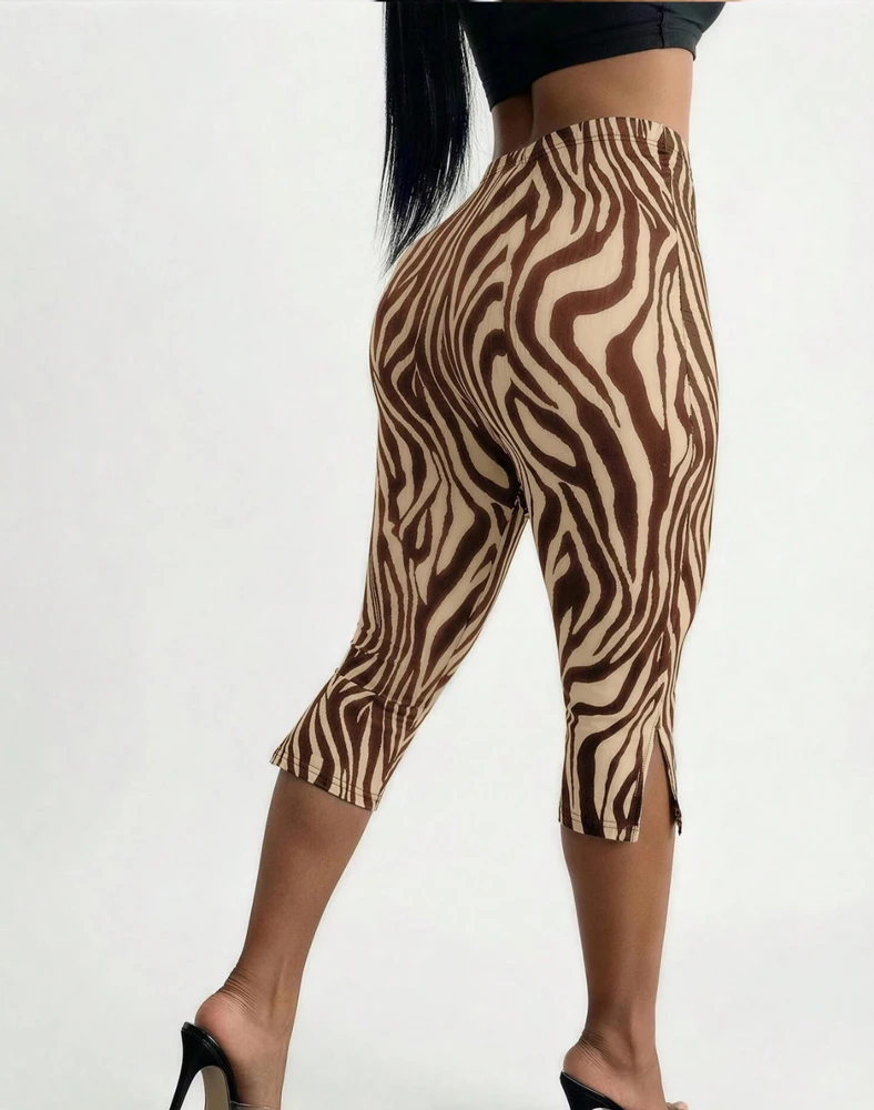 Damen Caprihose mit Zebramuster, hoher Taille, seitlichem Schlitz, enganliegend, kurz geschnitten, Y2K Bodycon Hose, Party- und Clubkleidung – Detail 7