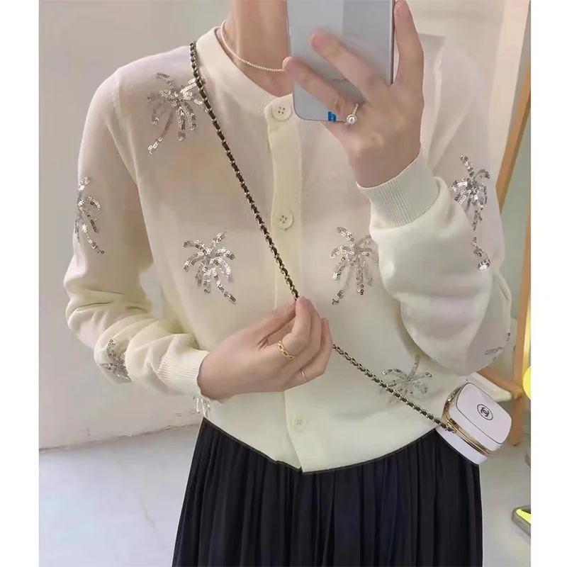 Women Clothing Sequined Sweater Autumn Button Knitted Cardigan Solid Casual Loose Knitwear Fashion All-match Elegant Tops