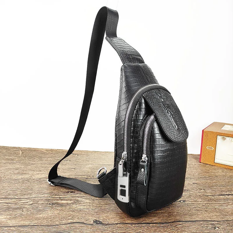 

Fingerprint Men's Travel Sports Crossbody Top Layer Cowhide Crocodile Pattern Security Password Lock Genuine Leather Chest Bag