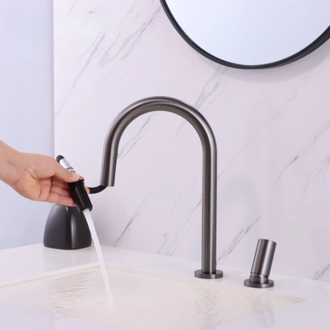 

Brushed Nickel Pull Out Basin faucet two-hole Brushed Gold bathroom faucet sink tap Grey widespread Black basin Tap Lavotory Tap
