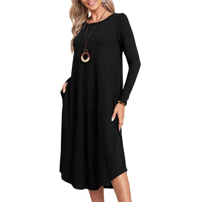 

WOWFU-Women's Long Dress Long Sleeve Round Neck Pajamas With Pockets