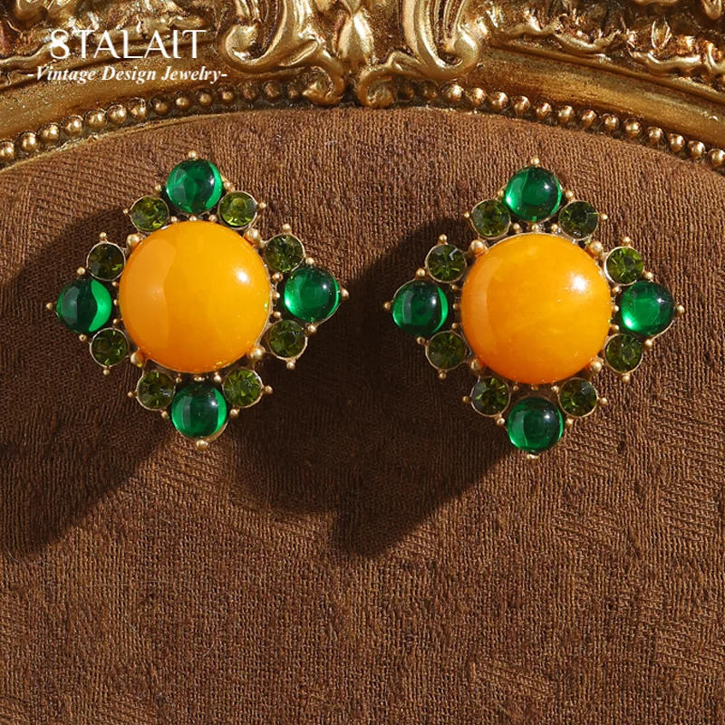 

Vintage Yellow Stone Round Square Earrings Stud Green Glazed Crystal Rhinestone Woman Luxury Quality Jewelry 2025 Trends Wedding