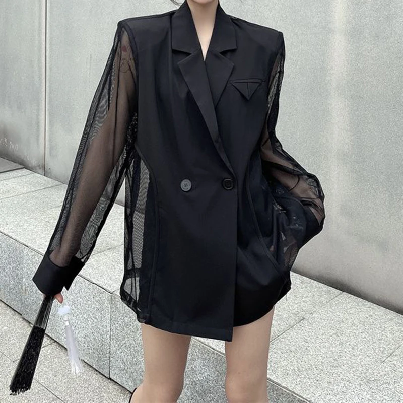 Summer thin patchwork suit jacket for women with a slightly transparent design, long sleeved mesh suit top for women