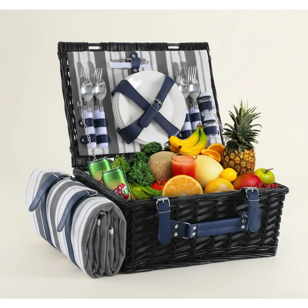 

Vintage Wicker Picnic Basket Set for 4 with Waterproof Blanket & Cooler, Perfect Camping Outdoor Gift