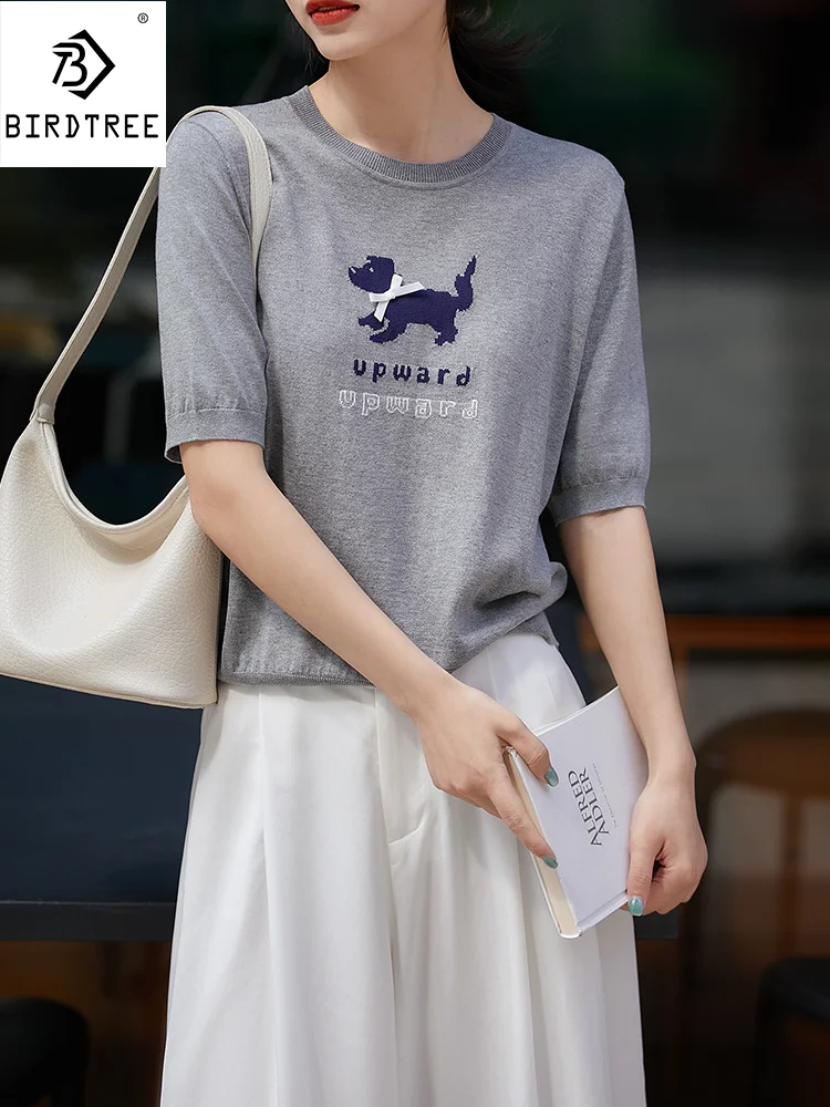 

BirdTree, 55%Mulberry Silk Elegant Knit T-Shirt, Women Short Sleeve Cute Dog, OL Commute Casual Top, 2024 Summer Autumn T46642QM