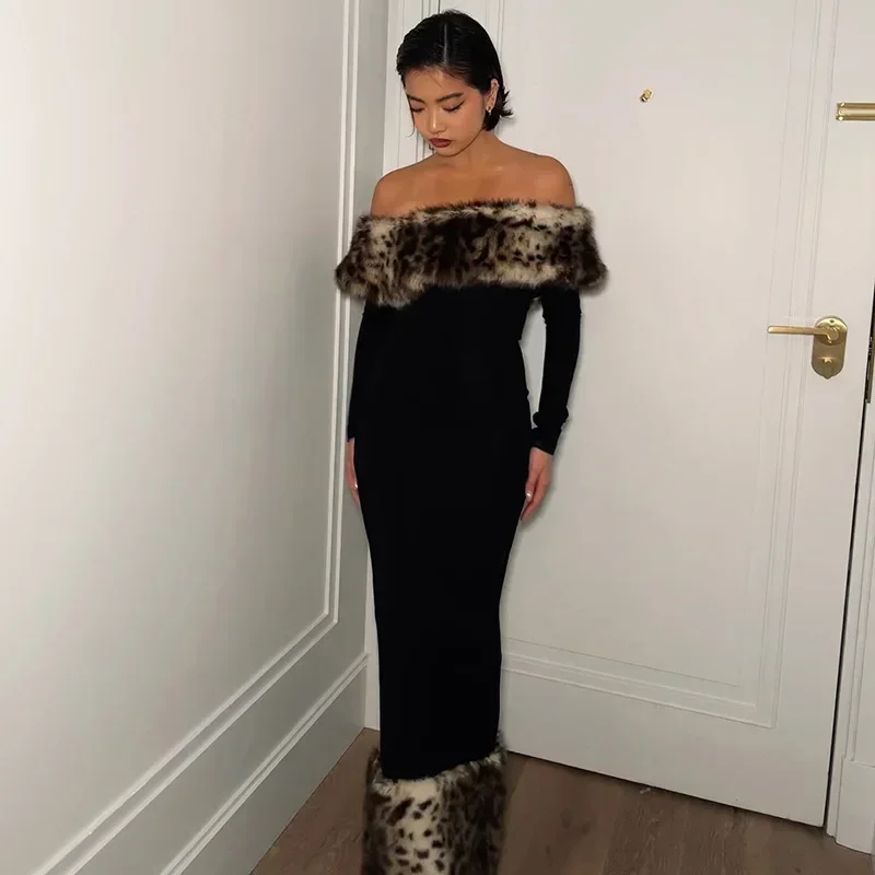 Ueteey Leopard Print Fluff Splicing Off the Shoulder Long Sleeve Maxi Dress Winter 2024 Sexy Going Out Party Evening Dresses