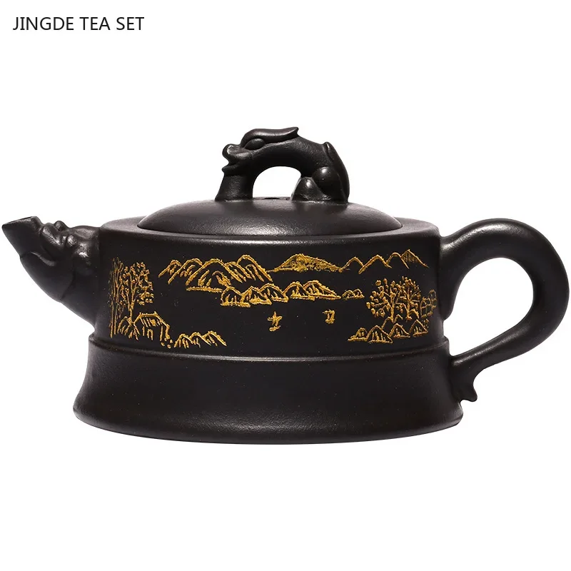 1PCS 210ML Yixing boutique master handmade purple clay teapot raw ore black gold mud high-end retro teapot zisha tea set