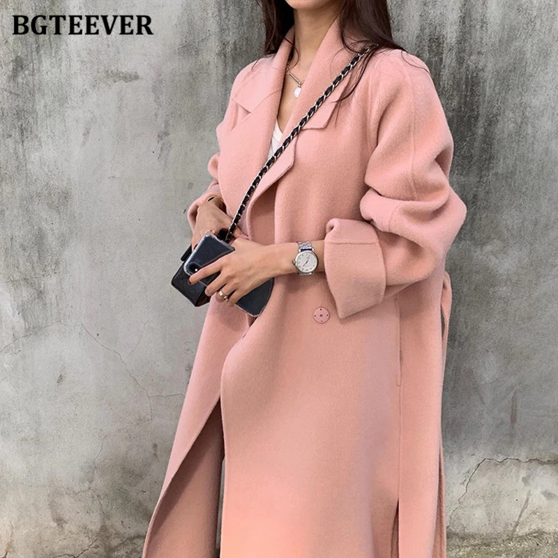 BGTEEVER Autumn Winter Thicken Warm Overcoats Women Elegant Double Breasted Loose Belted Female Woolen Coats