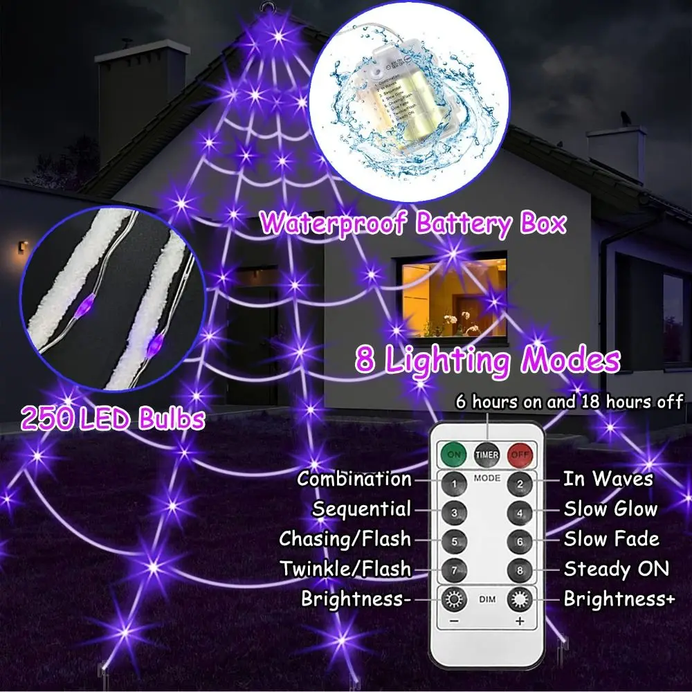 

Multi-functional 8 Modes Halloween Spider Web Lights Waterproof 250 LEDs Luminous Halloween Spider Hanging 5m LED Spider Net Bar