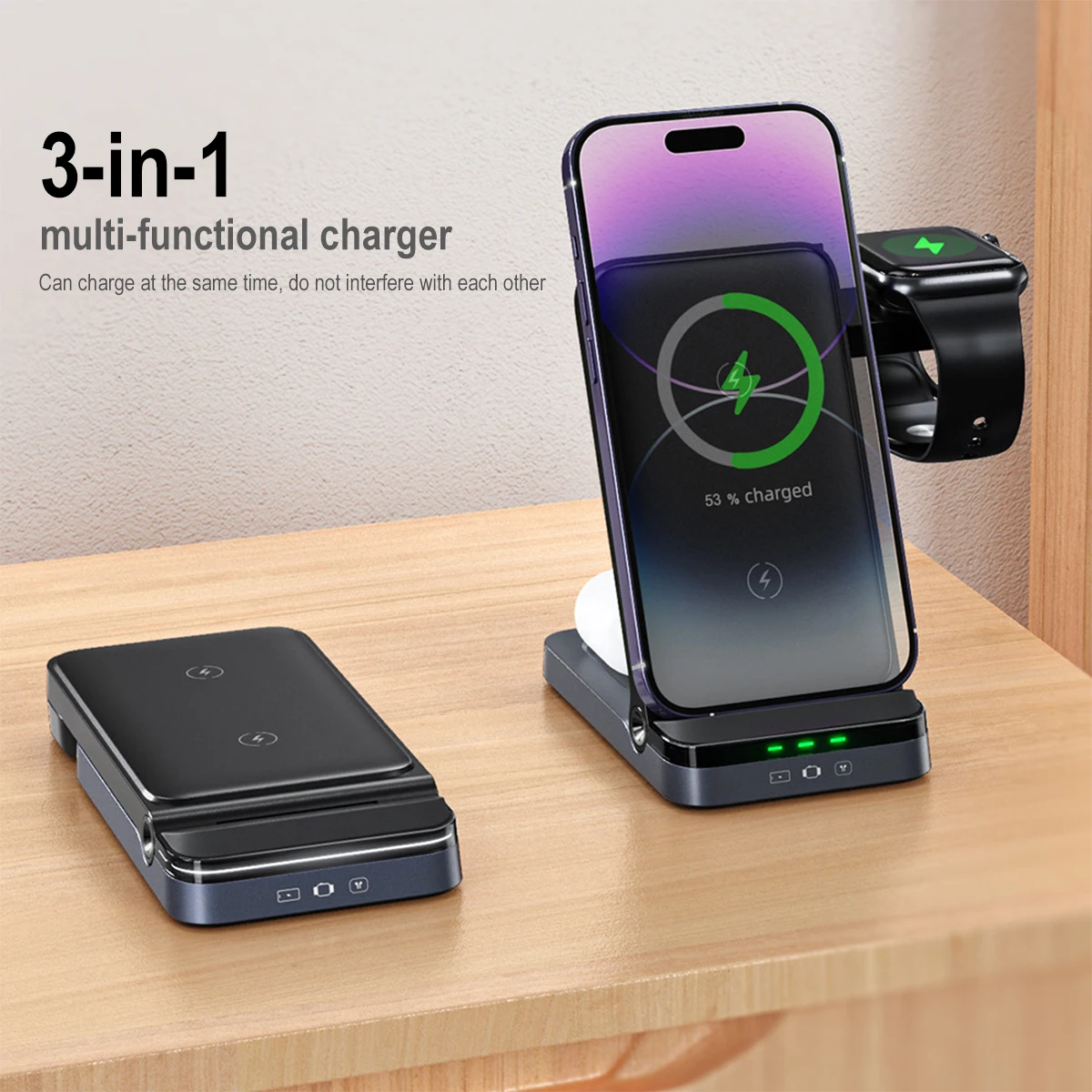 3 in 1 Foldable Wireless Charger Fast Charging Station for iPhone 15 14 Holder Magnetic Charger Stand Dock for Apple Watch S8/7