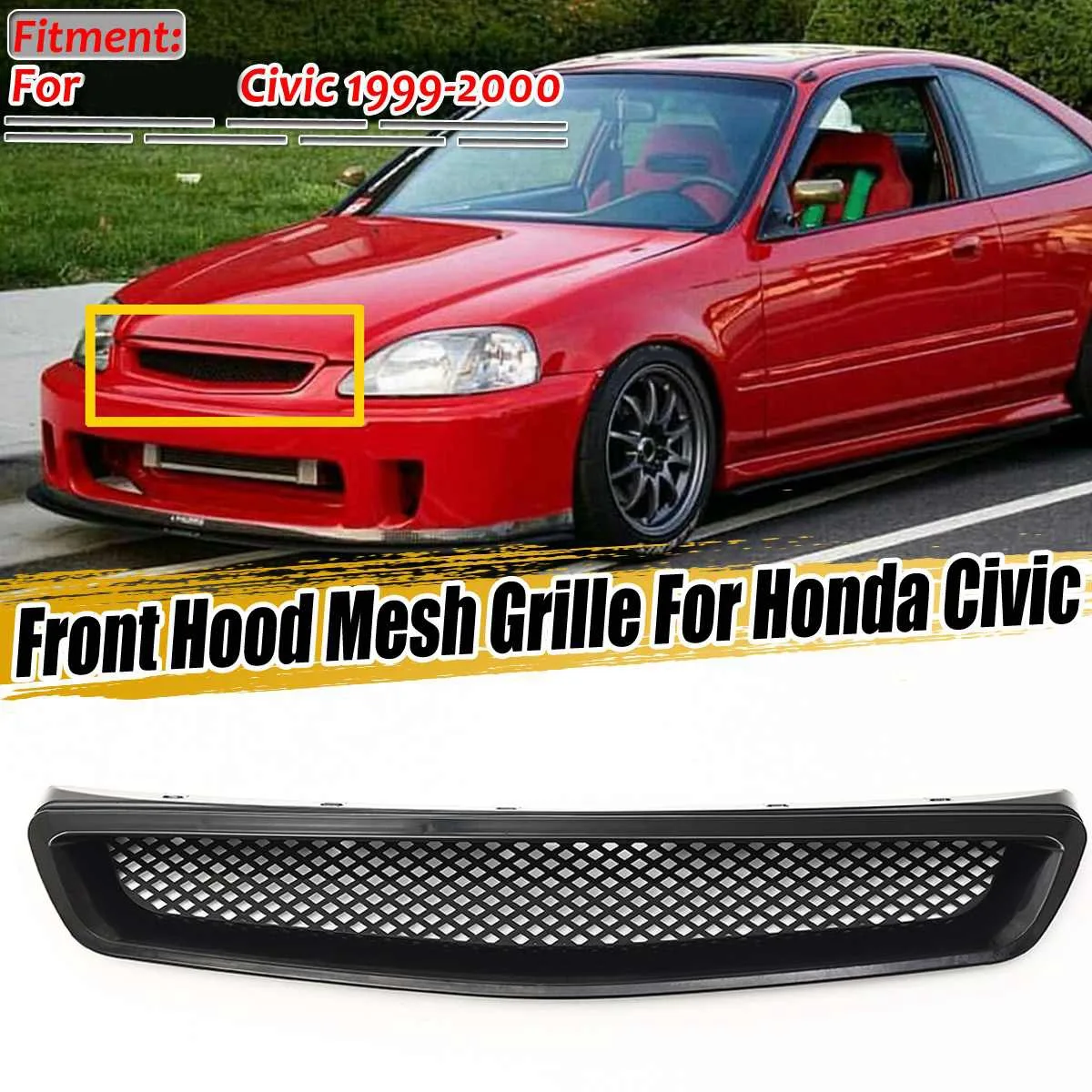 Grille de course de pare-chocs en maille de capot avant de voiture, Honda, Honda, Civic Convex, CX, DX, EX, HX, LX, Type R, 1999-2000