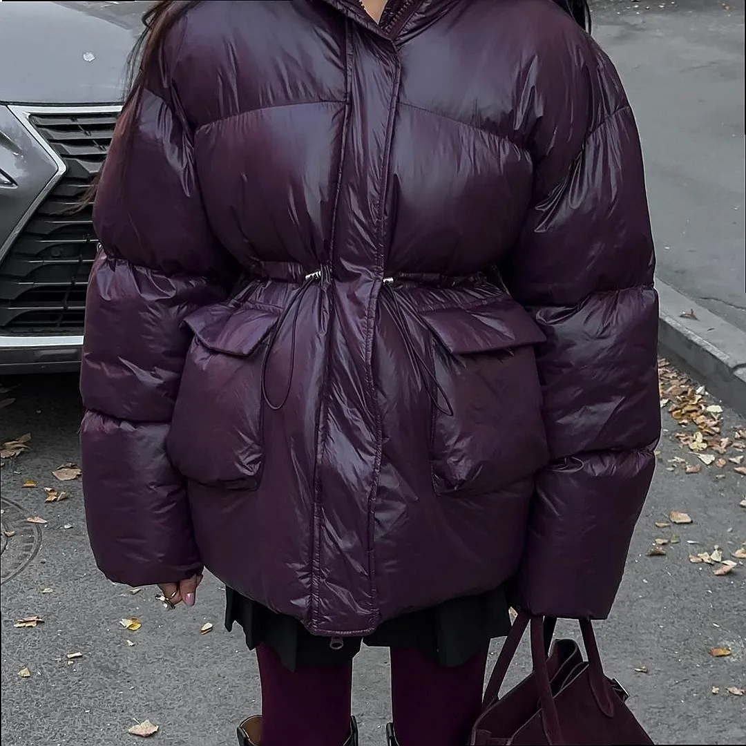 Pure Color Zip Up Hooded Cotton Puffer Coat Winter Warm Casual Outerwear Puffer Coats