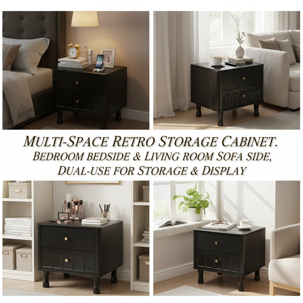 Retro Bedside Table, End Table for Bedroom or Living Room, Bedside Table with 2 Drawers, Black, 50x40x45cm, Rubber Wood + Pine Wood + Multi-layer Boards