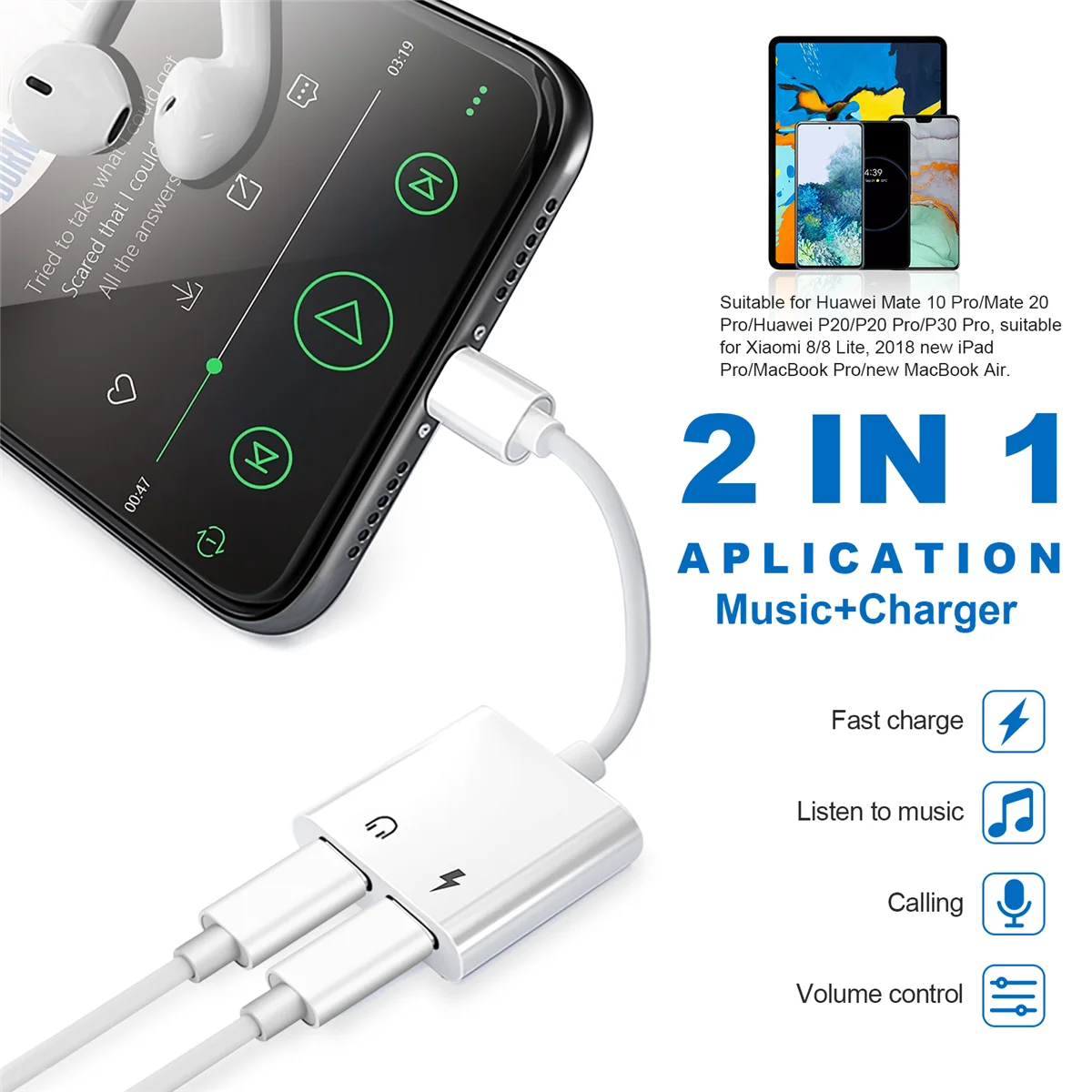 2 in 1 Dual Type C อะแดปเตอร์หูฟัง USBC Splitter Jack AUX Audio ชาร์จ Converter สําหรับ