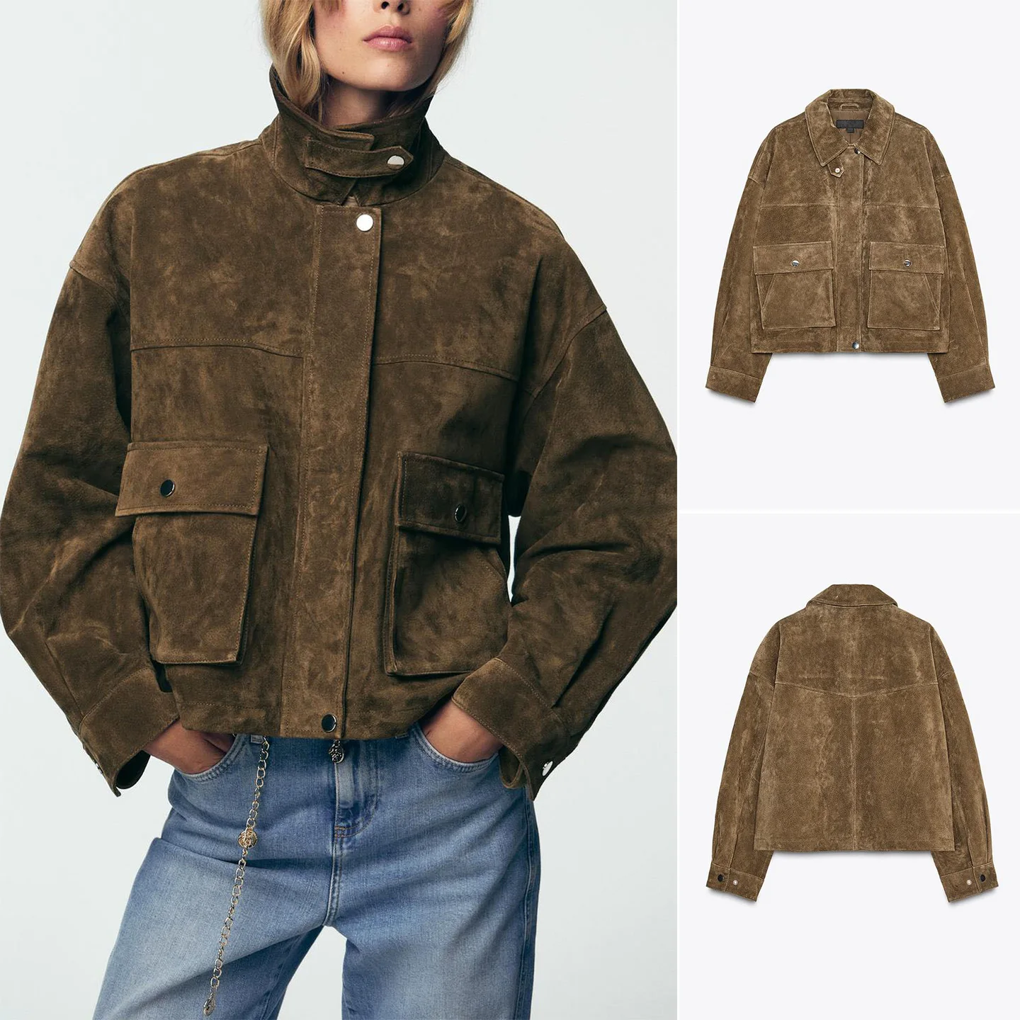 Fall New Women's Long Sve Suede Pilot Jaet Coat Flip Collar Leather Resistance Faion Outerwear Casual Loose Fit Zipper