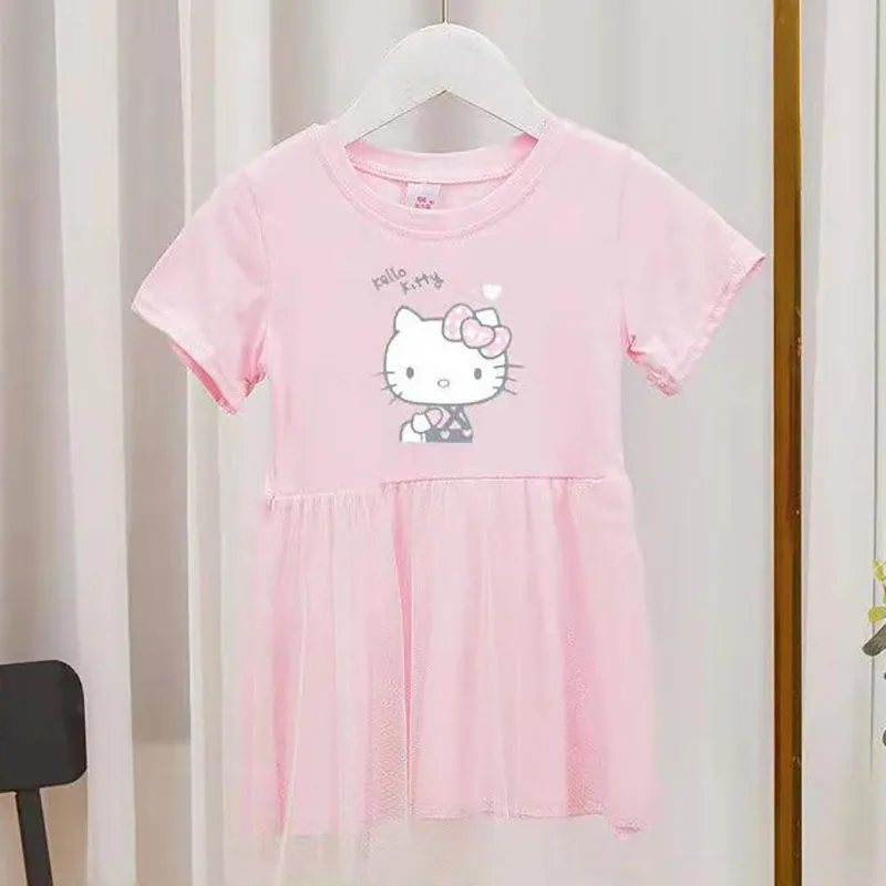 

Hello Kitty New Summer Girls Cute Cartoon Print Short Sleeve Dress Children's Fashion Cotton Round Neck Mesh Skirt