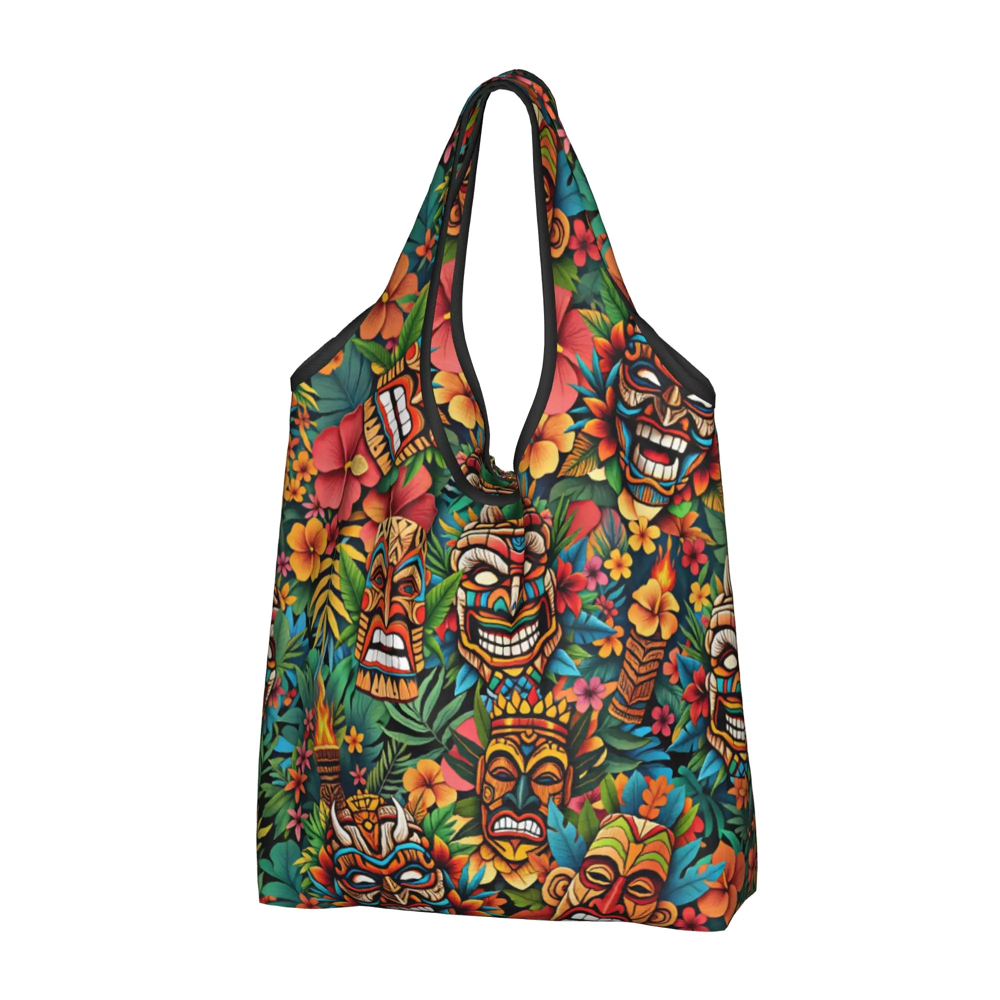 Cute Tiki Mask Hawaiian Style Palm Monstera Shopping Tote Bags Tropical Plants And Flowers Groceries Shopper Shoulder Bag