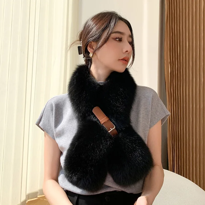 Winter Fur Scarves For Women Real Fox Fur Collar Women's Cross Belt Card Buckle Black Fur Scarf Shawl Furry Neck Warmer Scarf