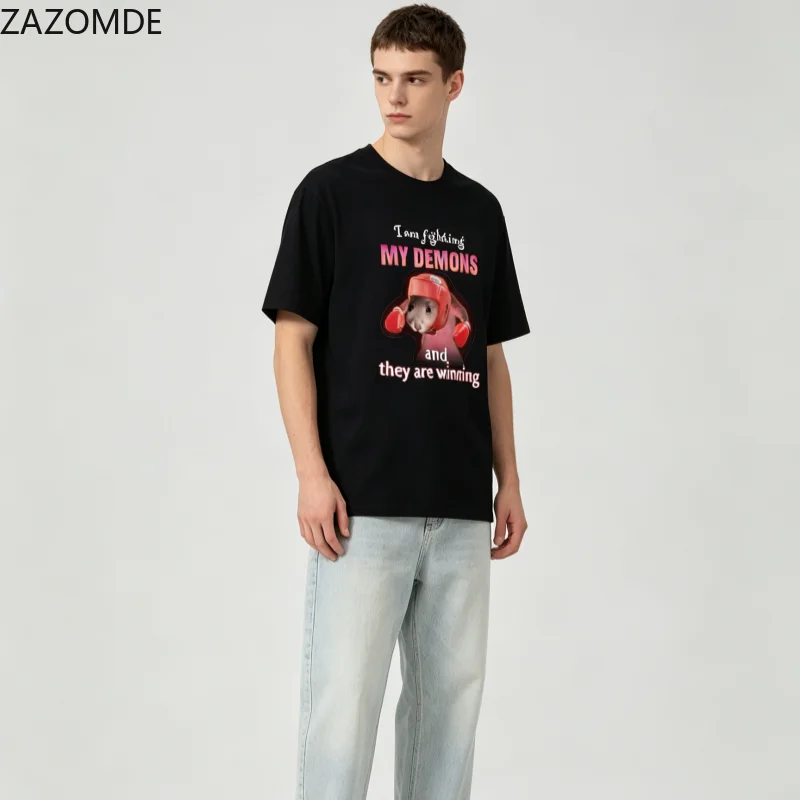 ZAZOMDE Punk Hip Hop Casual T-Shirt Funny Boxing Rat Meme Print I Am Fighting My Demons Slogan O-Neck Short Sleeve Unisex Tops