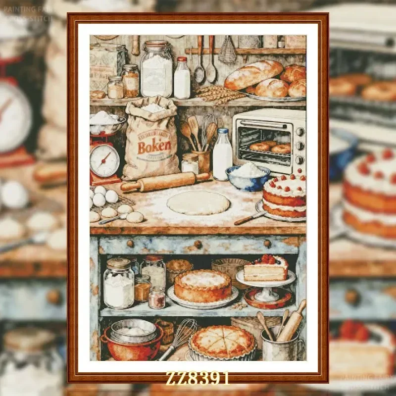 Stamped Cross Stitch Kit 11CT 14CT 16CT 18CT Printed Canvas Cotton Thread Embroidery Needlework Wall Decor[ZZ8391-Retro Bakery]