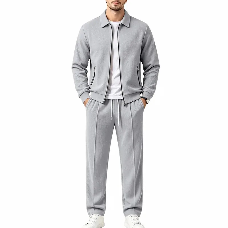 Men's Spring and Autumn Waffle Knit 2-Piece Tracksuit, Turn-Down Collar Full-Zip Jacket with Drawstring Straight-Leg Pants