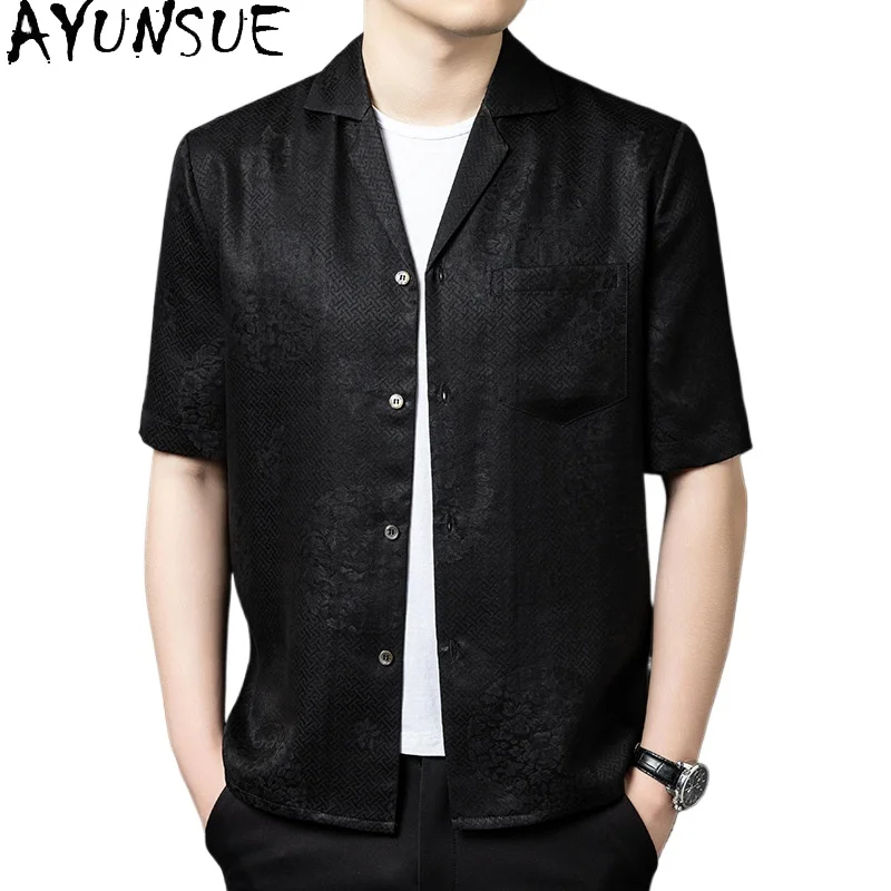 

AYUNSUE High-end 100% Real Mulberry Silk Shirts for Men Summer Xiangyunsha Short Sleeve Shirt Man Clothes Black Tops Streetwear